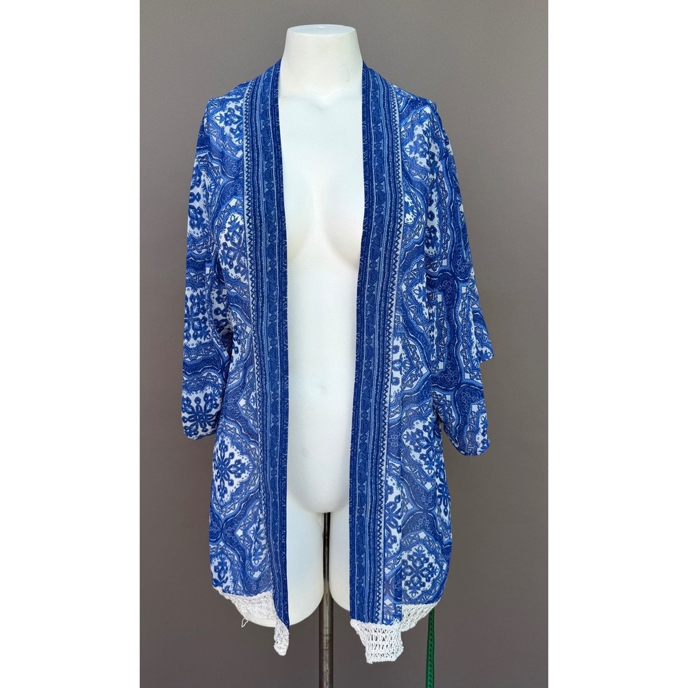 Gianni Bini Small Blue White Tile Print Crochet Trim Chiffon Kimono Cardigan Top